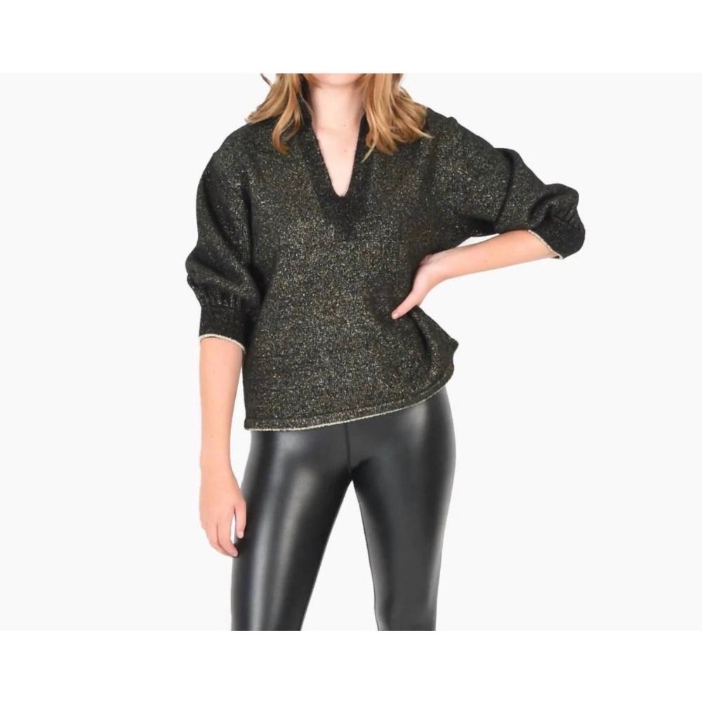 Emily McCarthy Lolli Sweater Women XL Black Gold Metallic Split Neck Knit